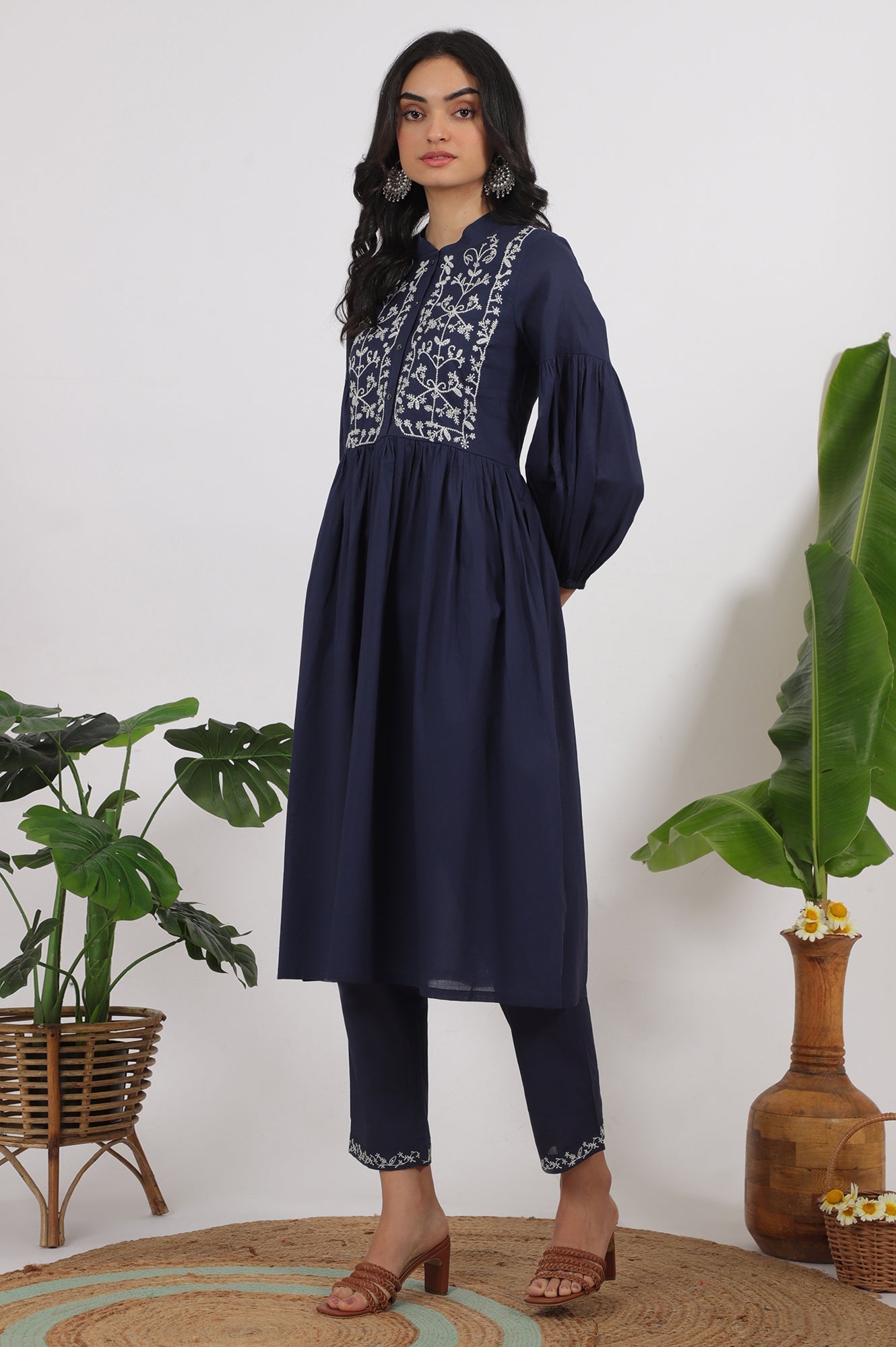 W for Woman Navy Blue Embroidered Yoke Pure Cotton Kurta and Pants Co-ord Set