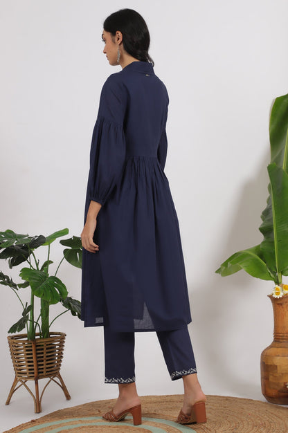 W for Woman Navy Blue Embroidered Yoke Pure Cotton Kurta and Pants Co-ord Set