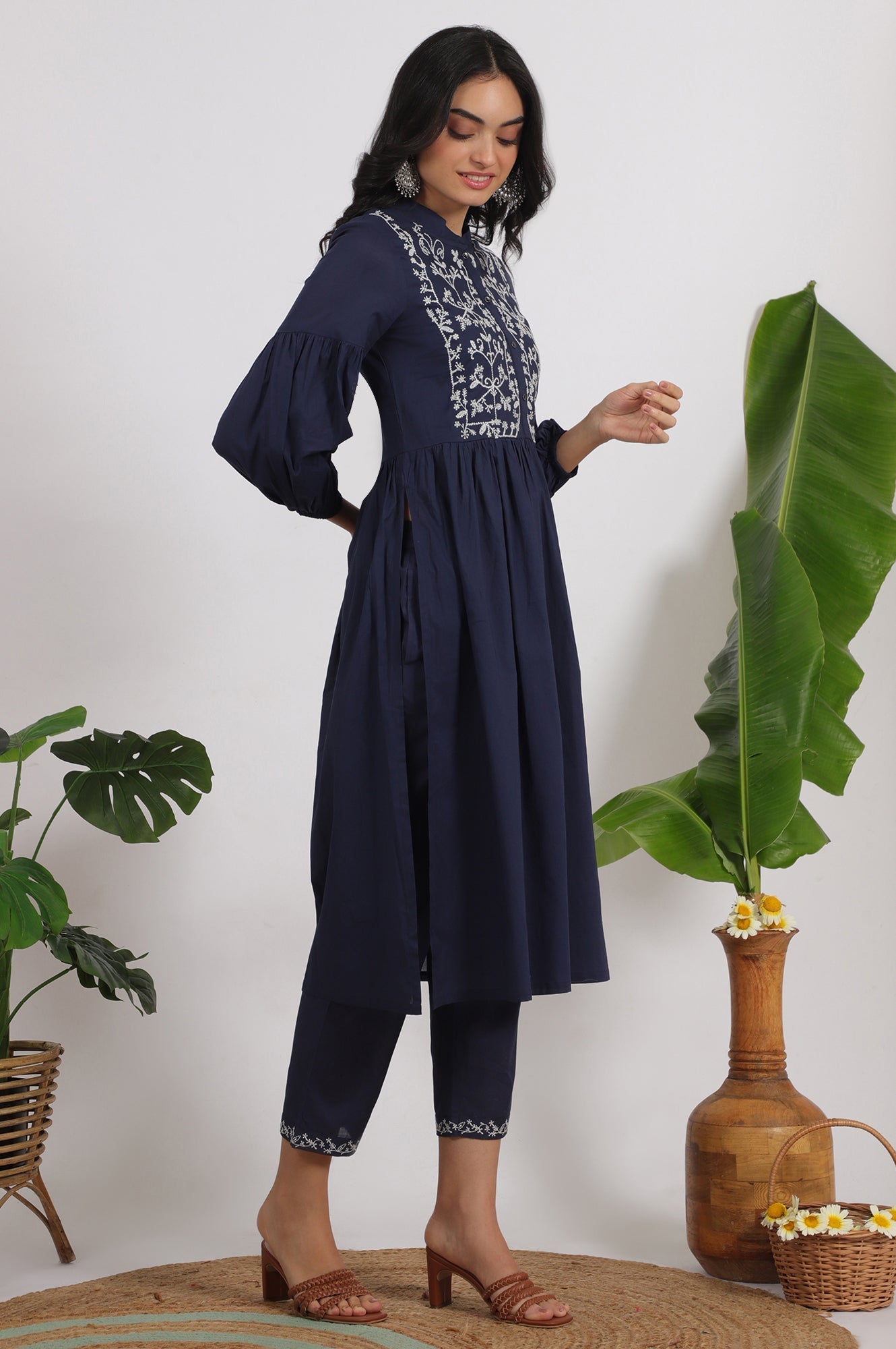 W for Woman Navy Blue Embroidered Yoke Pure Cotton Kurta and Pants Co-ord Set