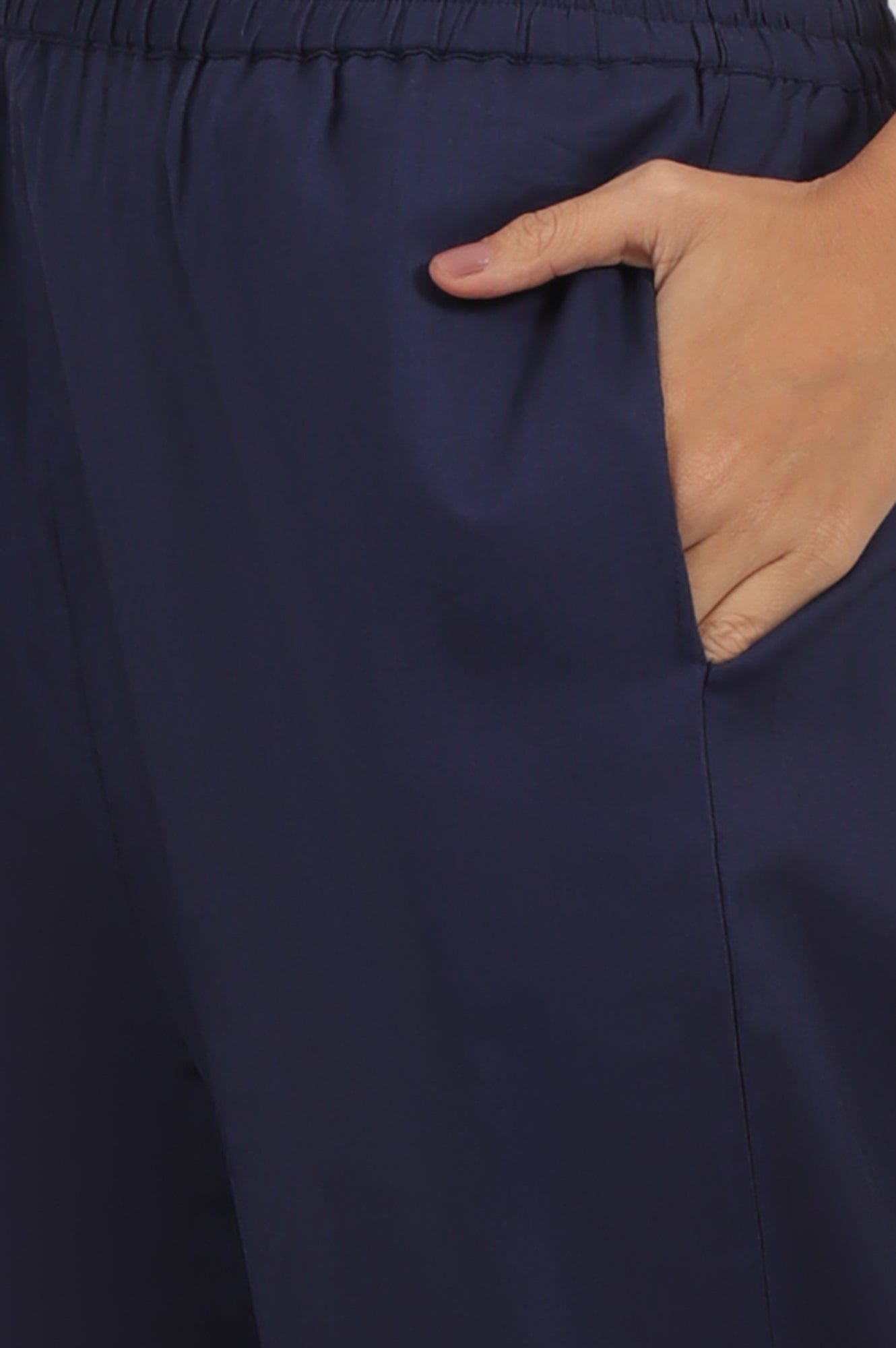 W for Woman Navy Blue Embroidered Yoke Pure Cotton Kurta and Pants Co-ord Set