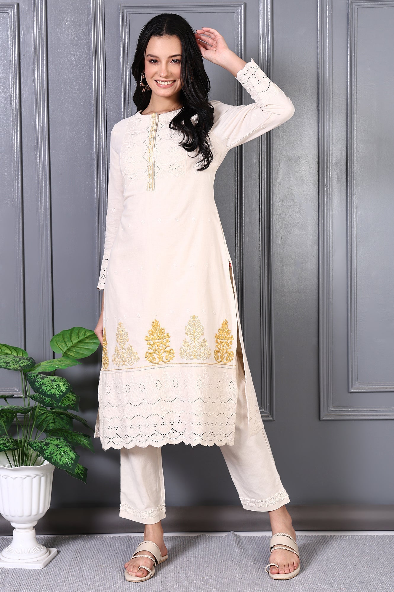 W for Woman Off White Embroidered Cotton Flax Straight Kurta and Trousers Co-ord Set