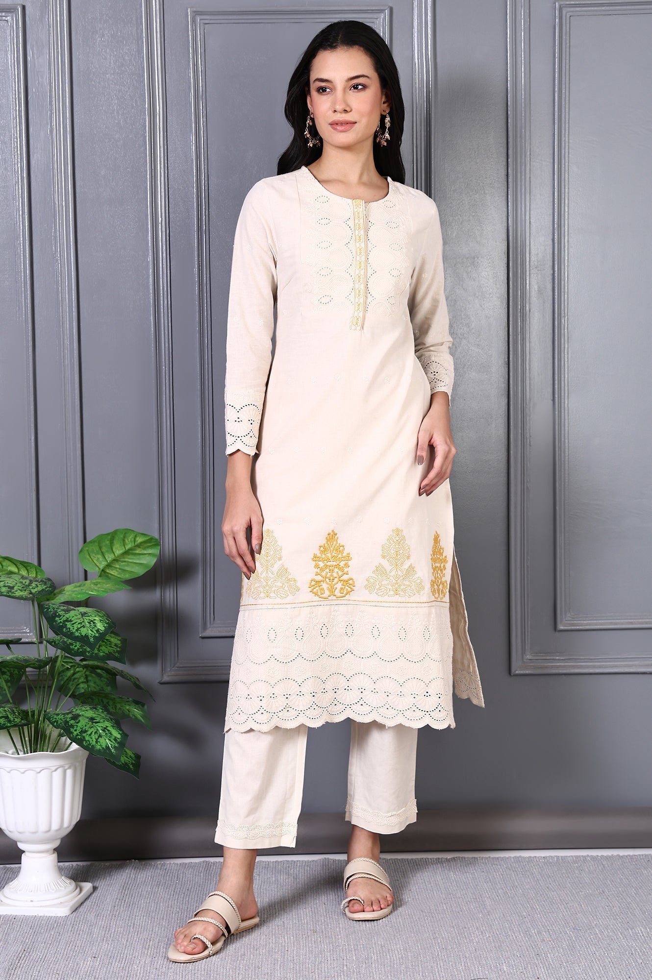 W for Woman Off White Embroidered Cotton Flax Straight Kurta and Trousers Co-ord Set