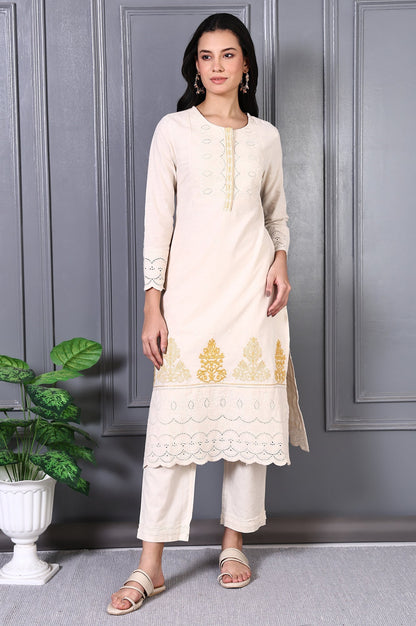 W for Woman Off White Embroidered Cotton Flax Straight Kurta and Trousers Co-ord Set
