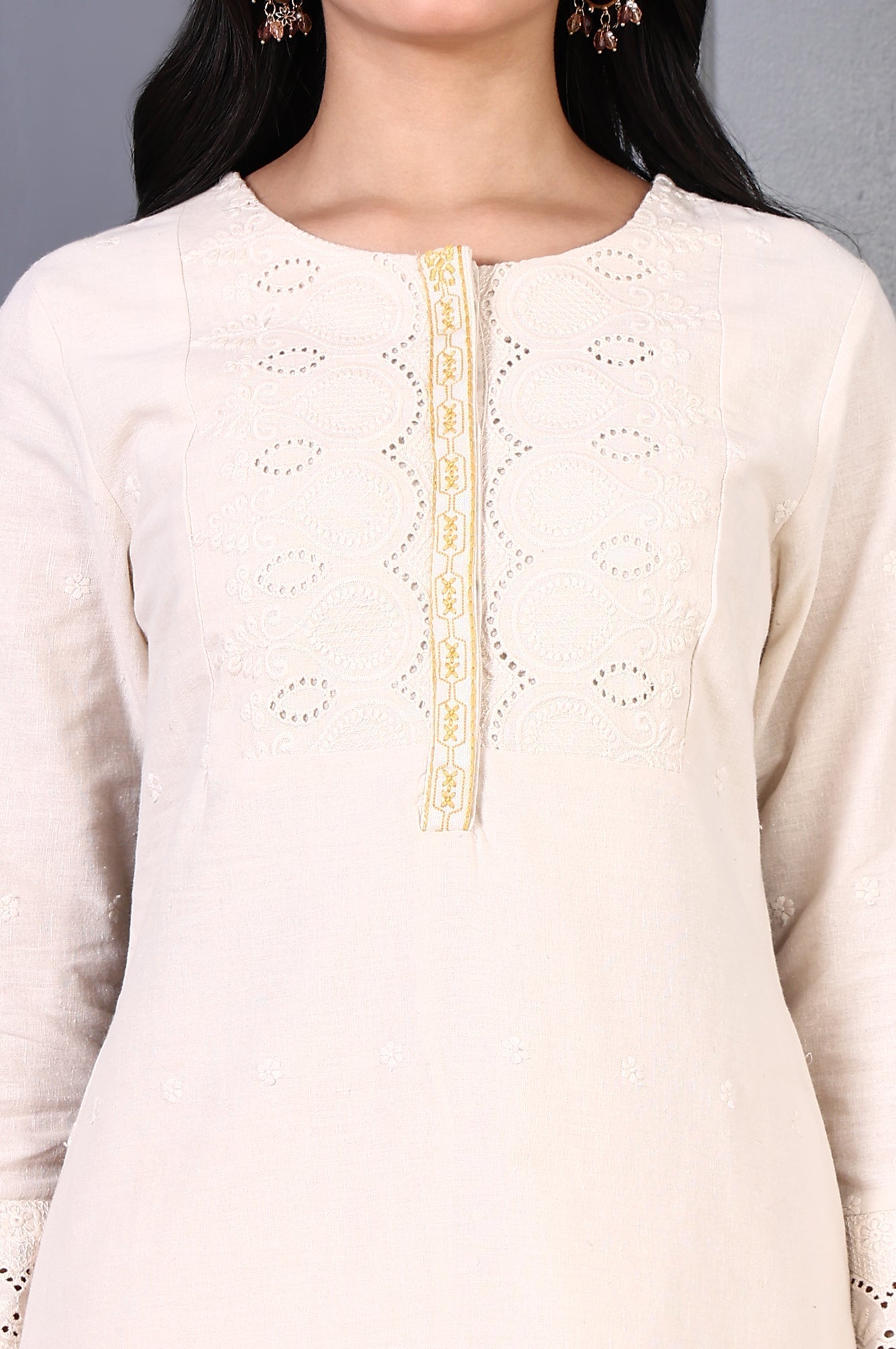 W for Woman Off White Embroidered Cotton Flax Straight Kurta and Trousers Co-ord Set