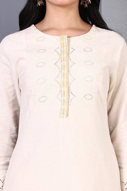 W for Woman Off White Embroidered Cotton Flax Straight Kurta and Trousers Co-ord Set