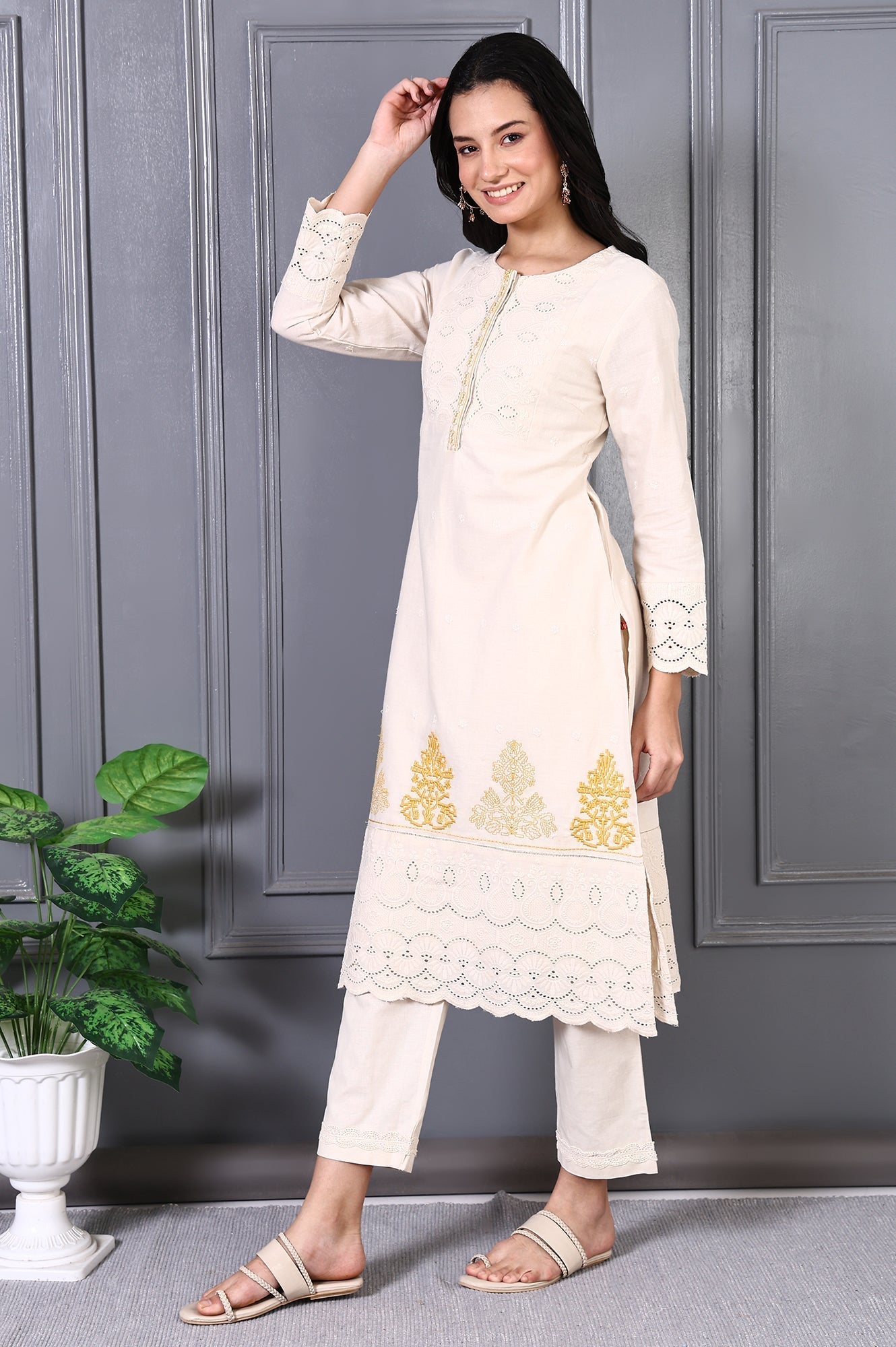 W for Woman Off White Embroidered Cotton Flax Straight Kurta and Trousers Co-ord Set