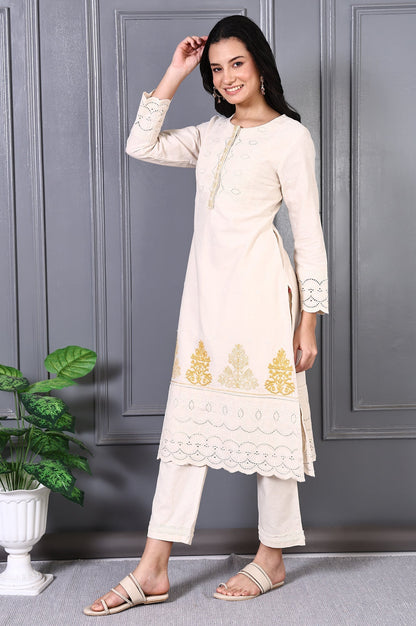 W for Woman Off White Embroidered Cotton Flax Straight Kurta and Trousers Co-ord Set