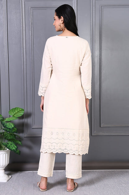 W for Woman Off White Embroidered Cotton Flax Straight Kurta and Trousers Co-ord Set