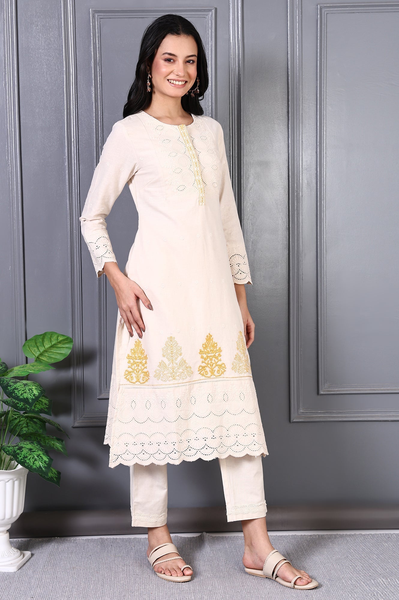 W for Woman Off White Embroidered Cotton Flax Straight Kurta and Trousers Co-ord Set