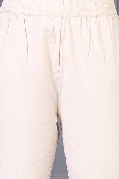 W for Woman Off White Embroidered Cotton Flax Straight Kurta and Trousers Co-ord Set