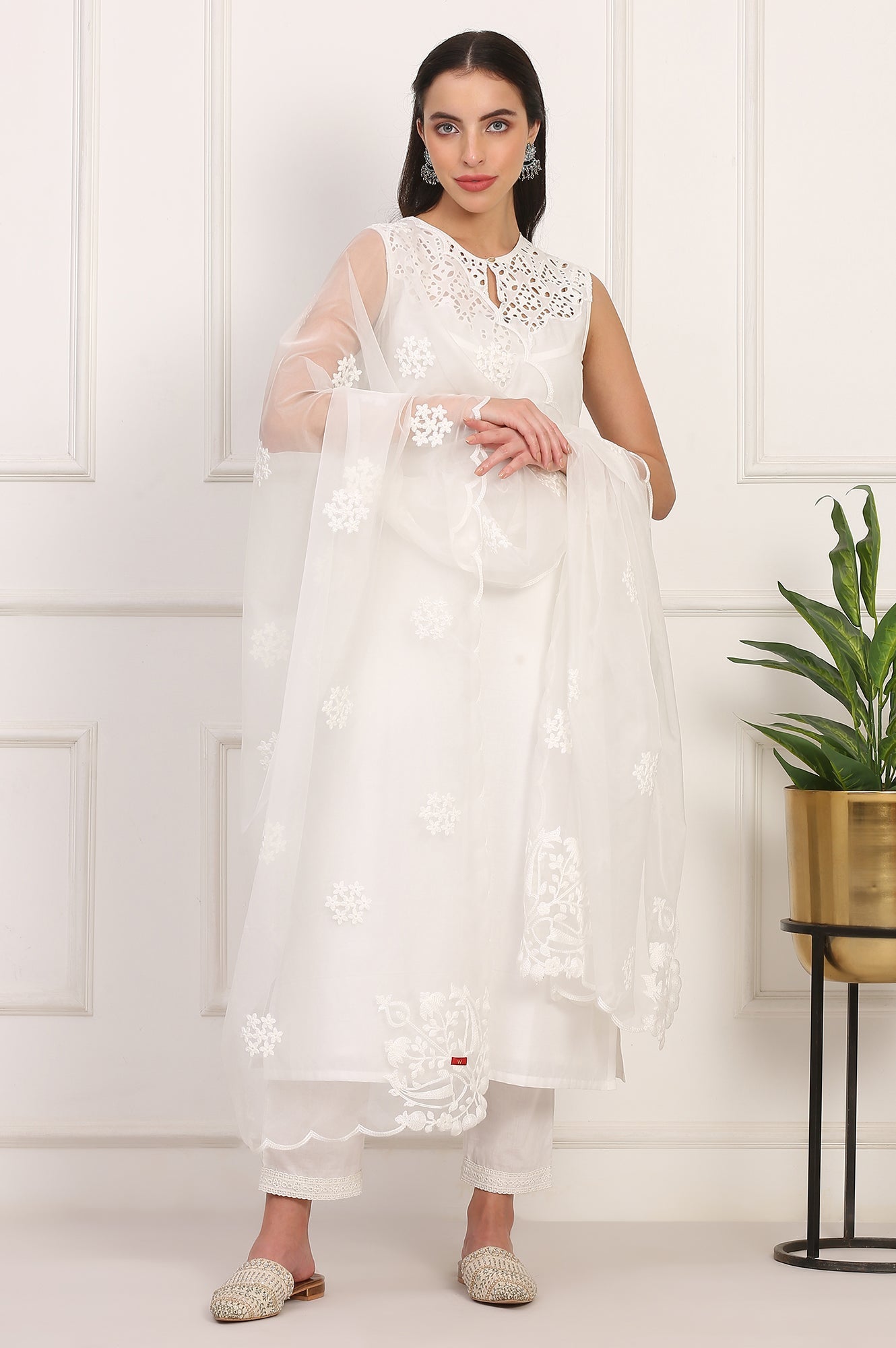 W for Woman White Solid Embroidered Straight Pure Cotton Kurta, Straight Pant and Dupatta Set