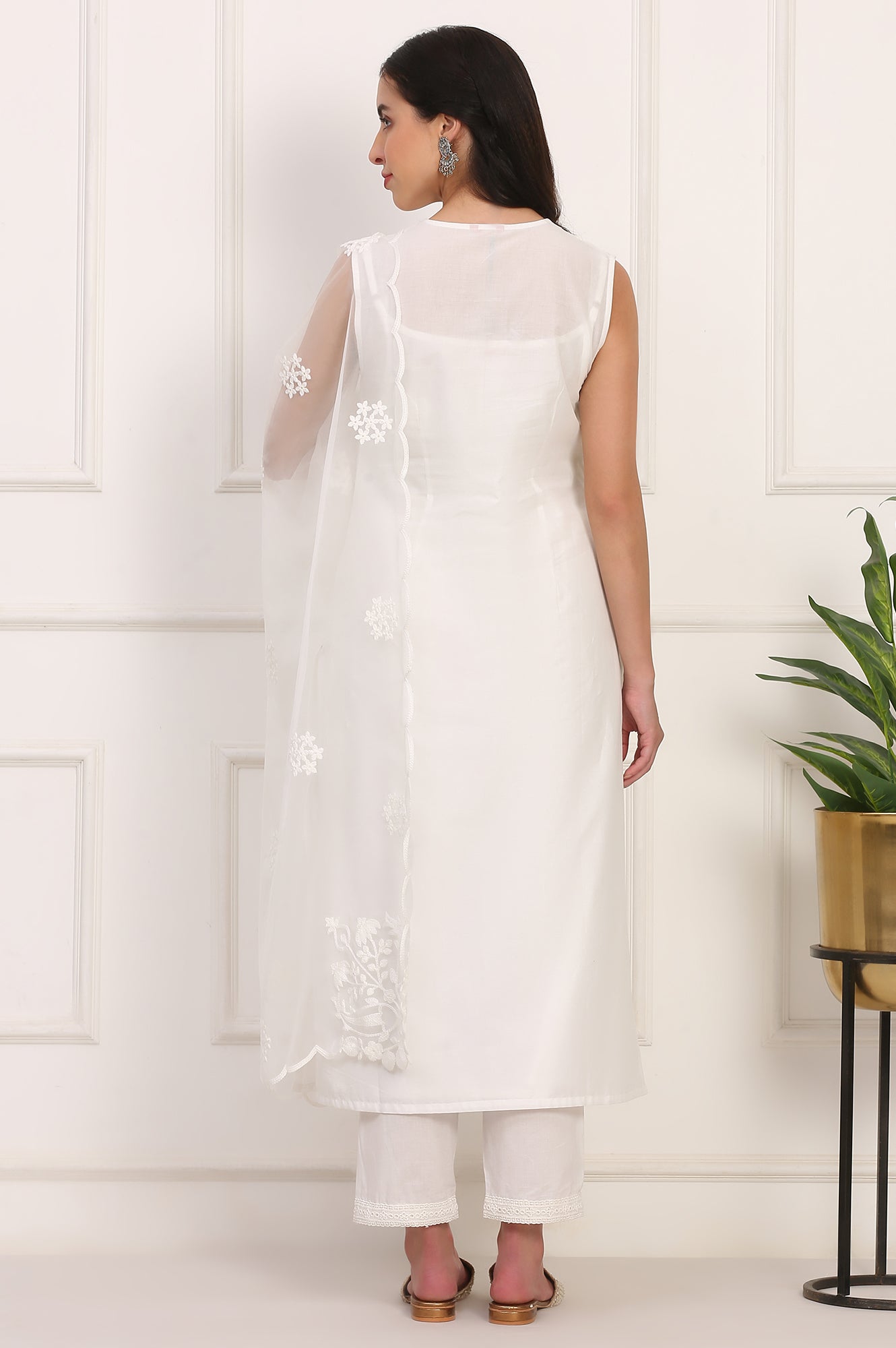 W for Woman White Solid Embroidered Straight Pure Cotton Kurta, Straight Pant and Dupatta Set