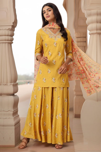 W for Woman Mustard Yellow Printed Short Shantung Kurti, Culottes and Dupatta Set