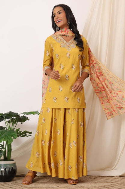 W for Woman Mustard Yellow Printed Short Shantung Kurti, Culottes and Dupatta Set