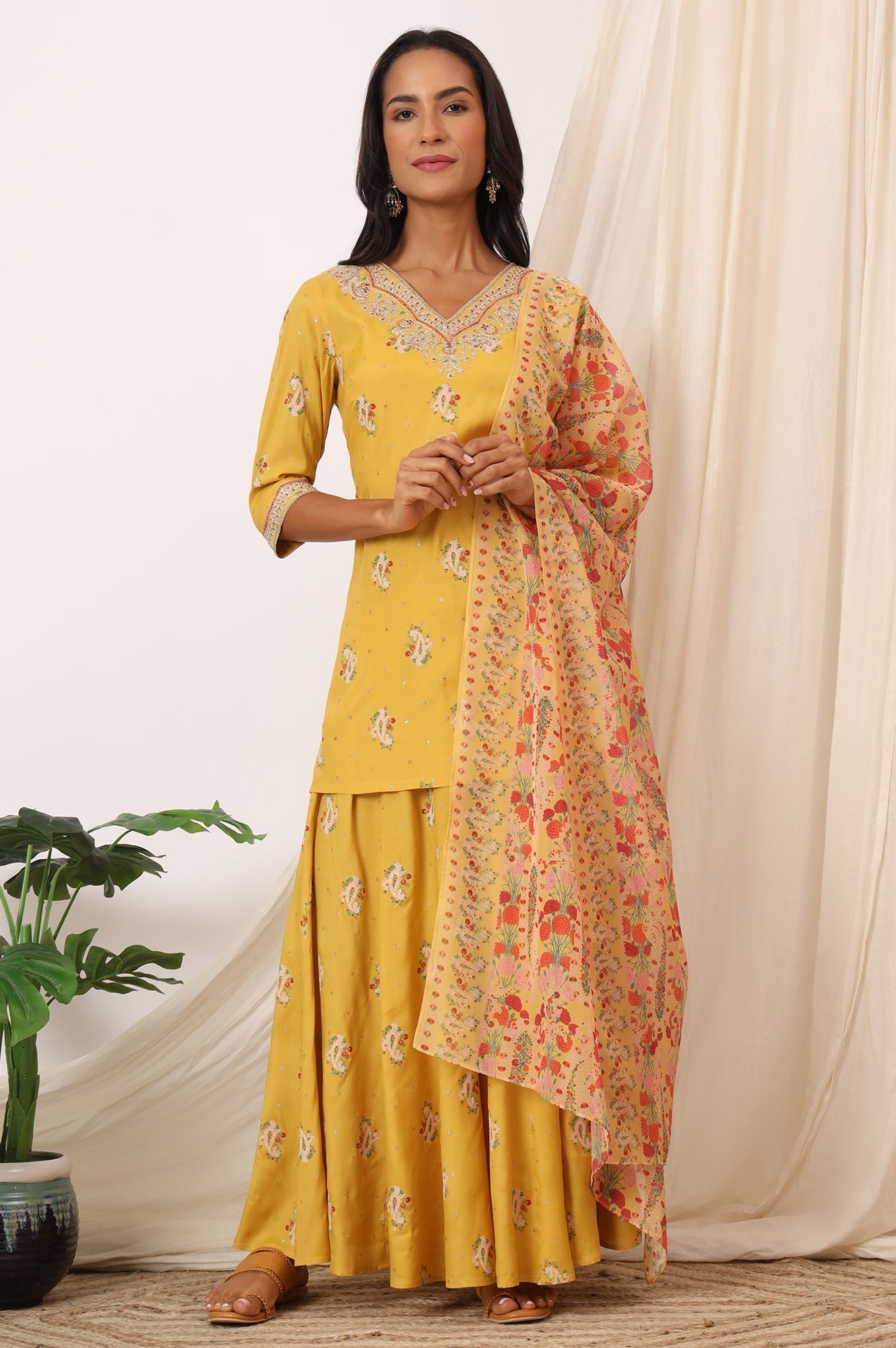 W for Woman Mustard Yellow Printed Short Shantung Kurti, Culottes and Dupatta Set