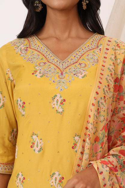 W for Woman Mustard Yellow Printed Short Shantung Kurti, Culottes and Dupatta Set