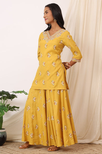W for Woman Mustard Yellow Printed Short Shantung Kurti, Culottes and Dupatta Set