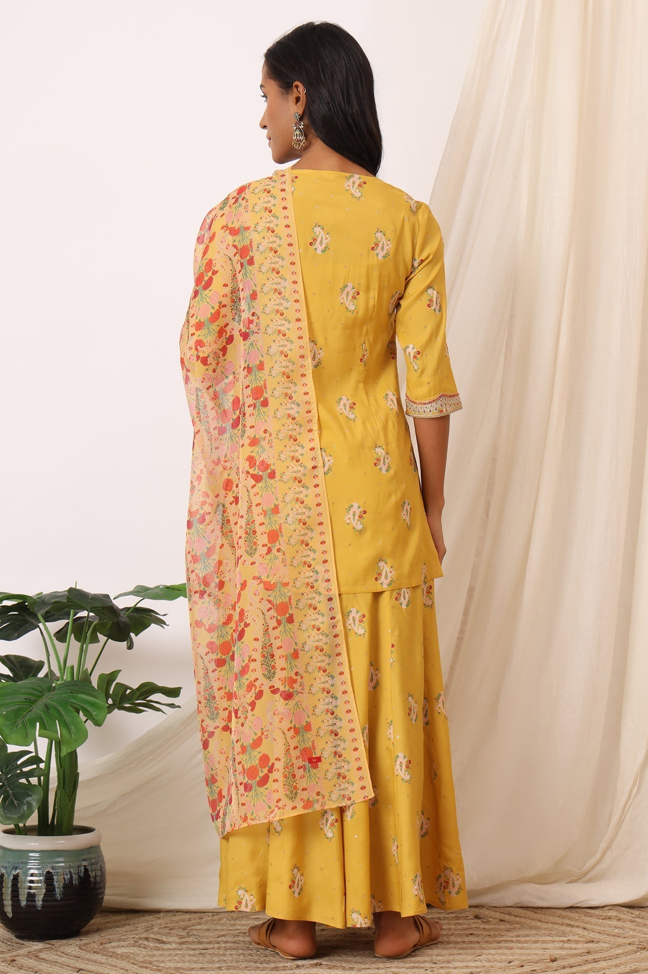 W for Woman Mustard Yellow Printed Short Shantung Kurti, Culottes and Dupatta Set