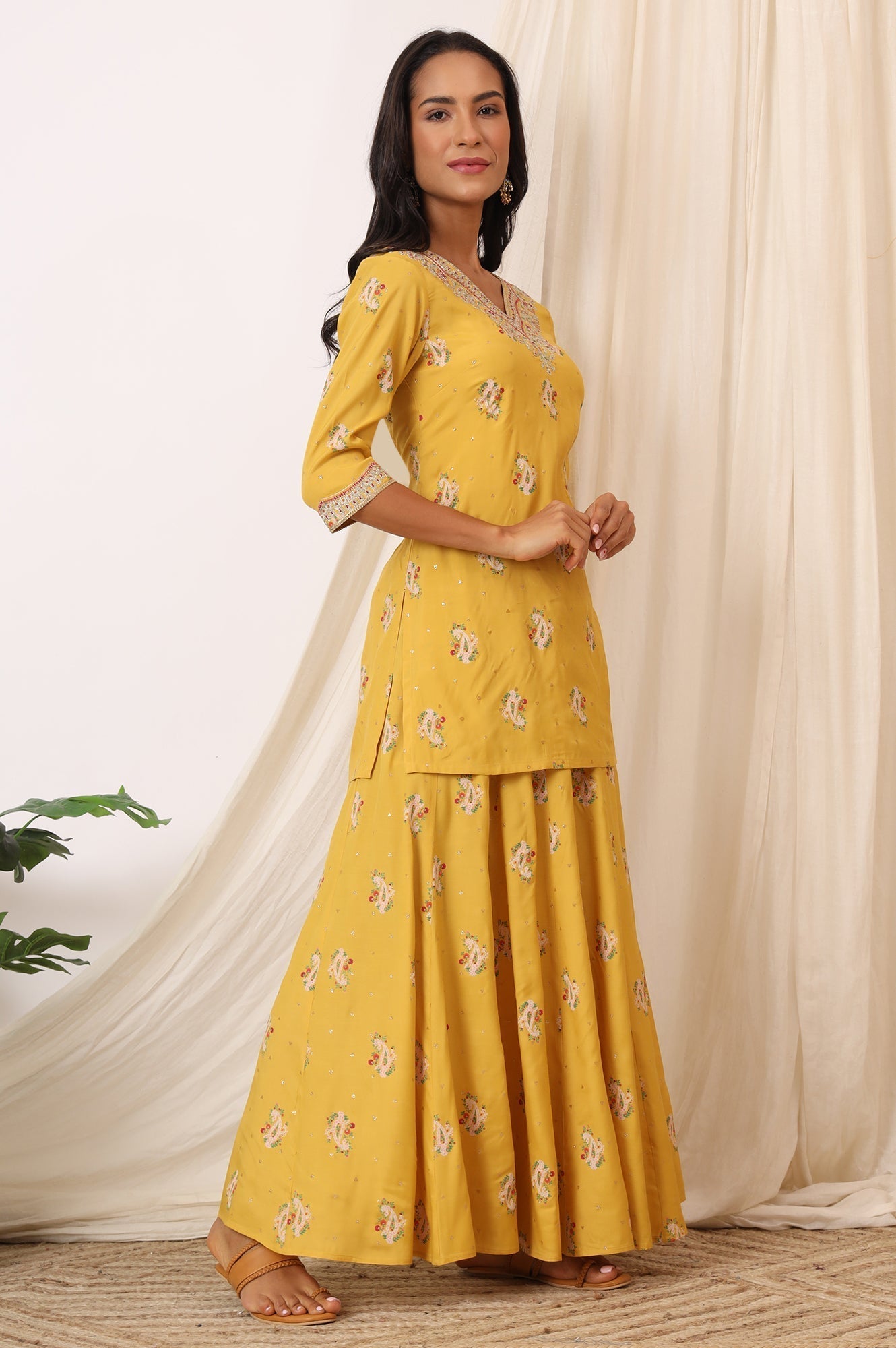 W for Woman Mustard Yellow Printed Short Shantung Kurti, Culottes and Dupatta Set