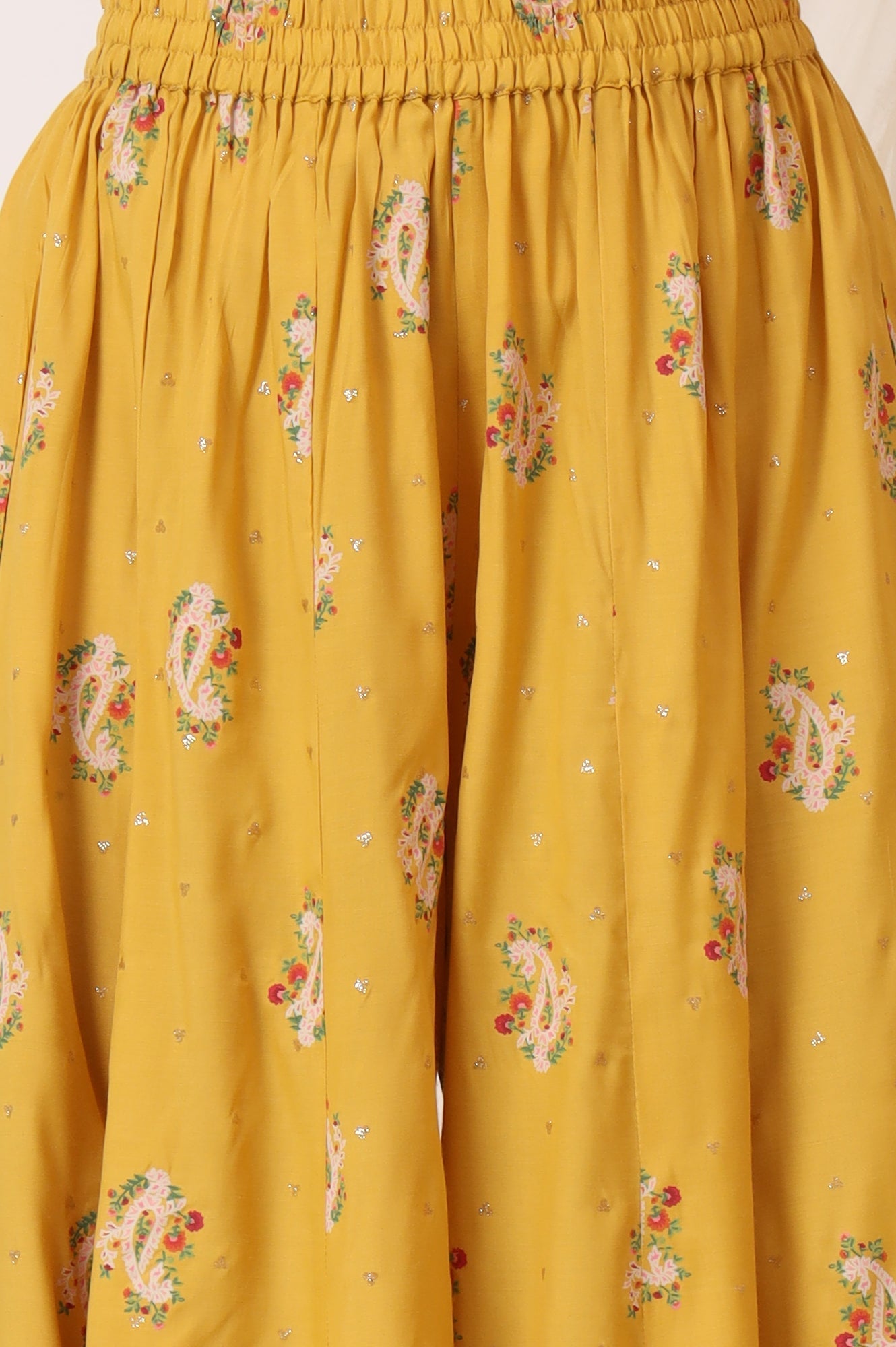 W for Woman Mustard Yellow Printed Short Shantung Kurti, Culottes and Dupatta Set