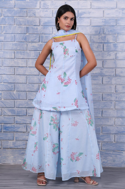 W for Woman Blue Floral Printed Thread Embroidered Kota Flared Kurta, Flared Pant And Dupatta Set