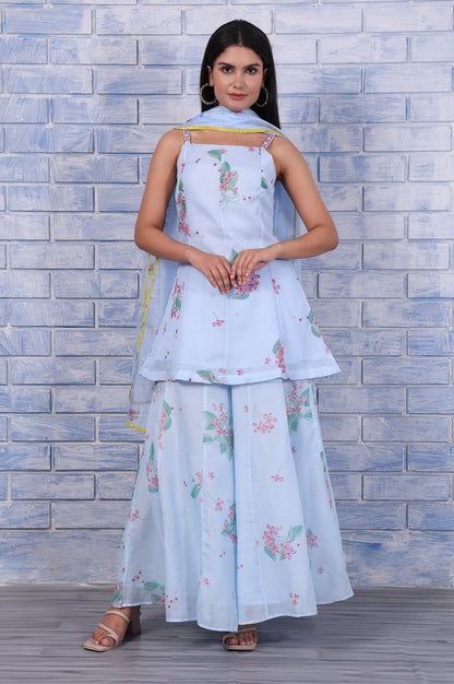 W for Woman Blue Floral Printed Thread Embroidered Kota Flared Kurta, Flared Pant And Dupatta Set