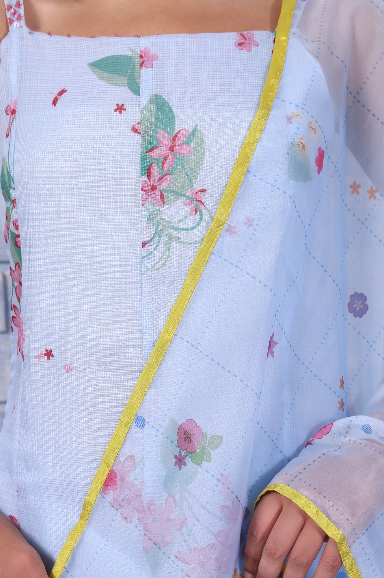 W for Woman Blue Floral Printed Thread Embroidered Kota Flared Kurta, Flared Pant And Dupatta Set
