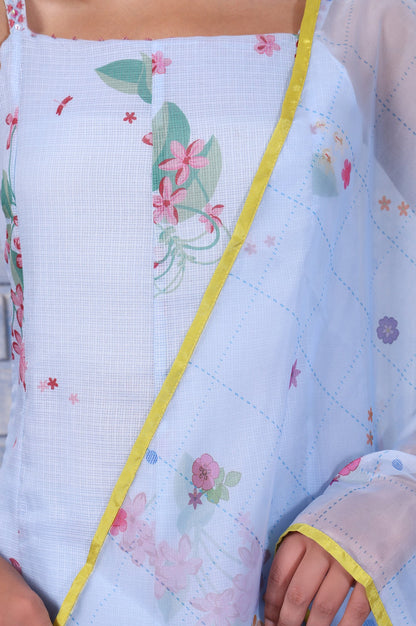W for Woman Blue Floral Printed Thread Embroidered Kota Flared Kurta, Flared Pant And Dupatta Set