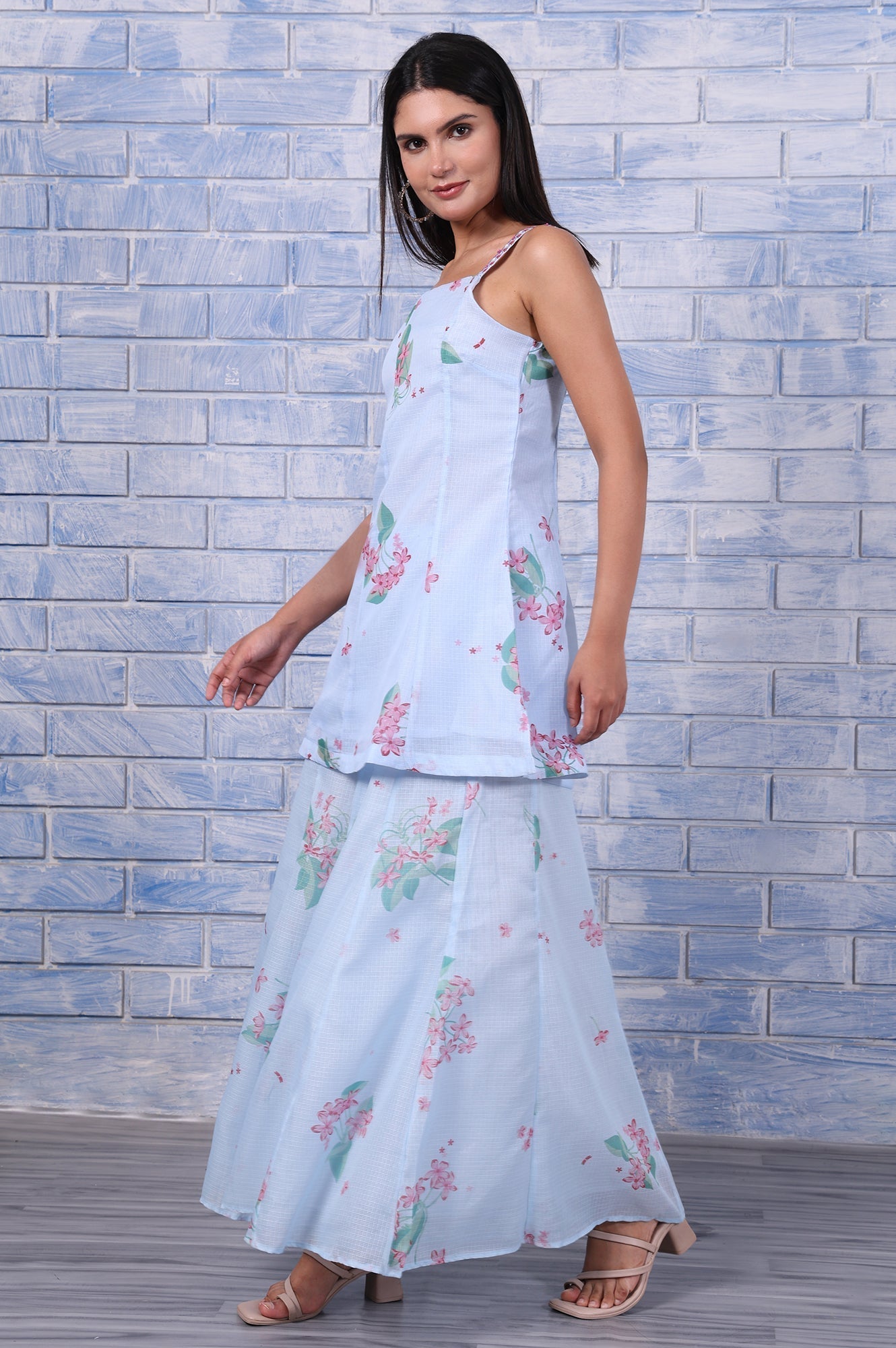 W for Woman Blue Floral Printed Thread Embroidered Kota Flared Kurta, Flared Pant And Dupatta Set