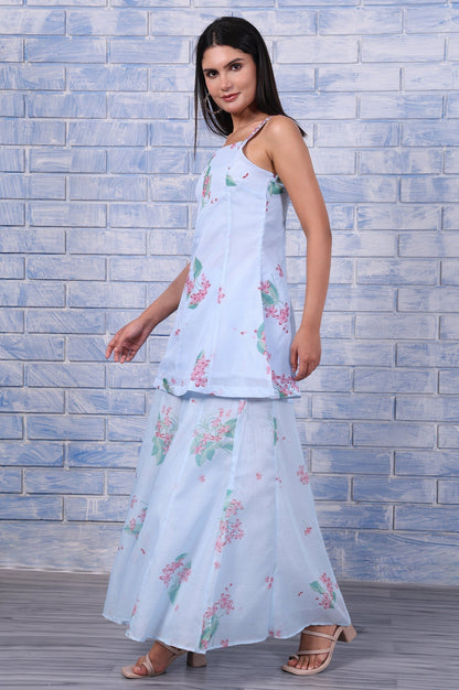 W for Woman Blue Floral Printed Thread Embroidered Kota Flared Kurta, Flared Pant And Dupatta Set