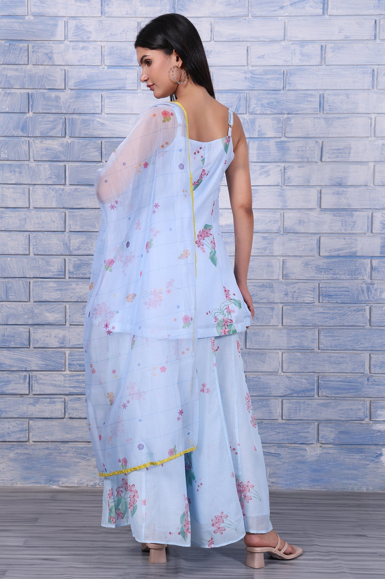 W for Woman Blue Floral Printed Thread Embroidered Kota Flared Kurta, Flared Pant And Dupatta Set