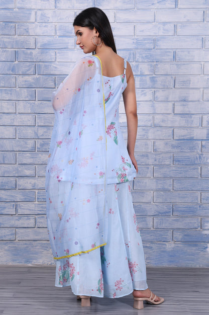 W for Woman Blue Floral Printed Thread Embroidered Kota Flared Kurta, Flared Pant And Dupatta Set