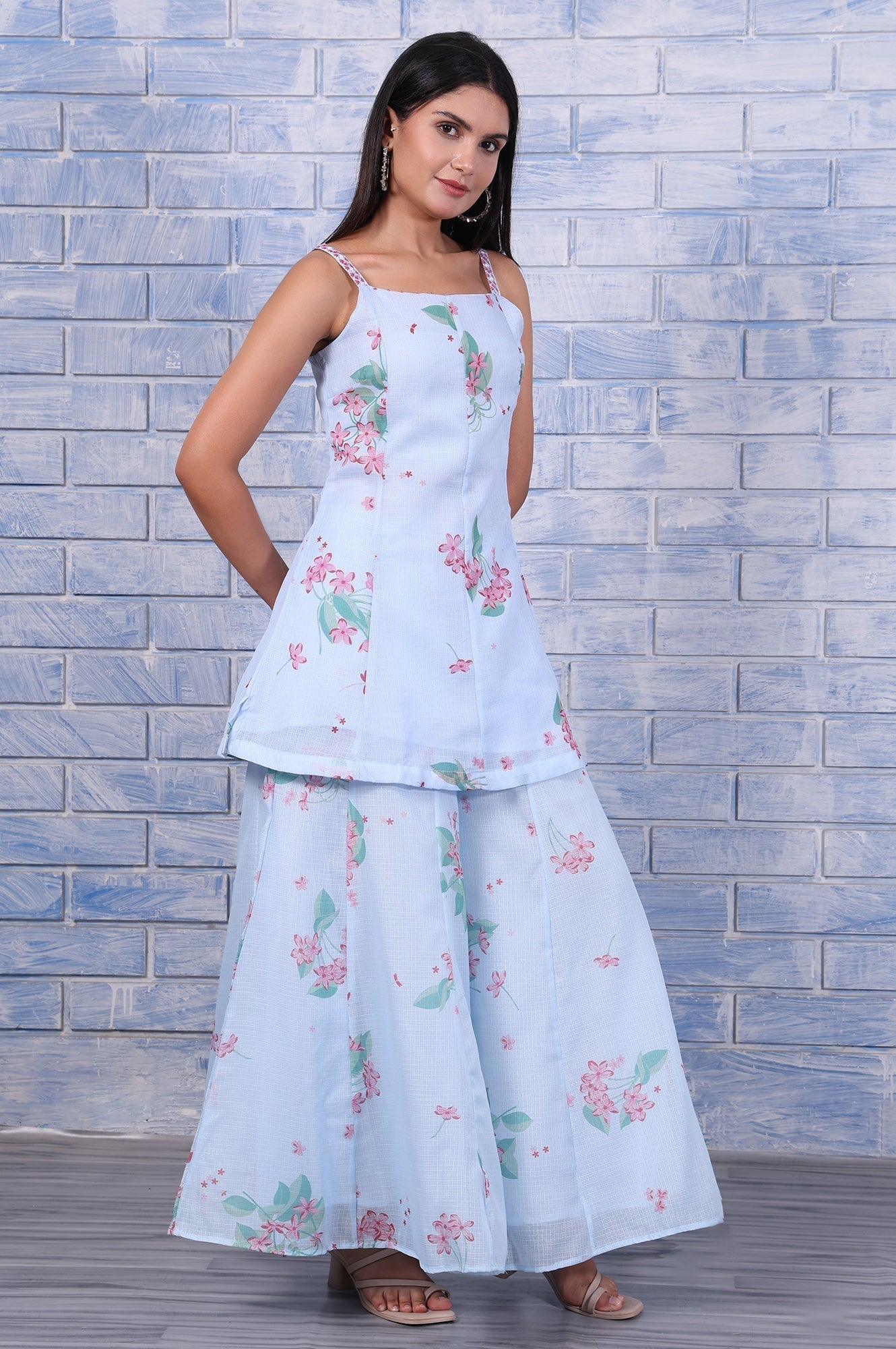 W for Woman Blue Floral Printed Thread Embroidered Kota Flared Kurta, Flared Pant And Dupatta Set