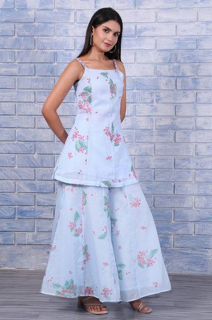 W for Woman Blue Floral Printed Thread Embroidered Kota Flared Kurta, Flared Pant And Dupatta Set