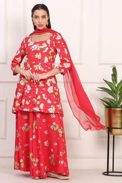 W for Woman Red Floral Printed Embellished Modal Flared Short Kurta, Flared Pant and Dupatta Set