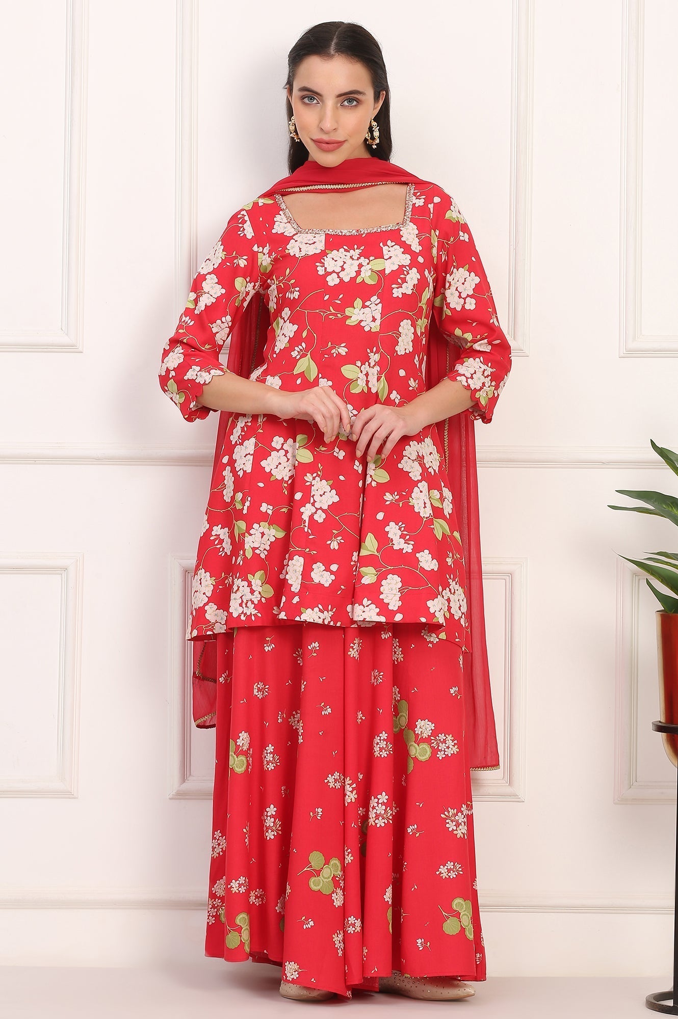W for Woman Red Floral Printed Embellished Modal Flared Short Kurta, Flared Pant and Dupatta Set