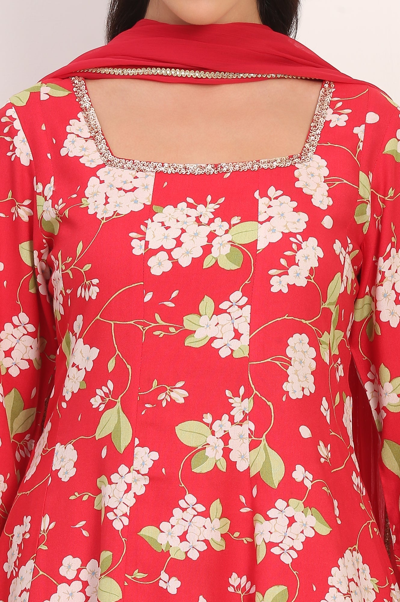 W for Woman Red Floral Printed Embellished Modal Flared Short Kurta, Flared Pant and Dupatta Set