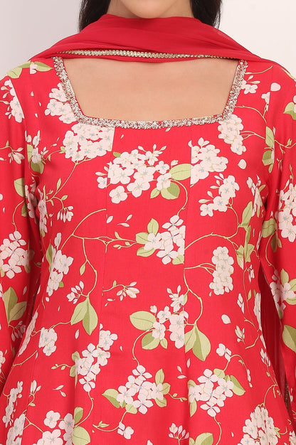 W for Woman Red Floral Printed Embellished Modal Flared Short Kurta, Flared Pant and Dupatta Set