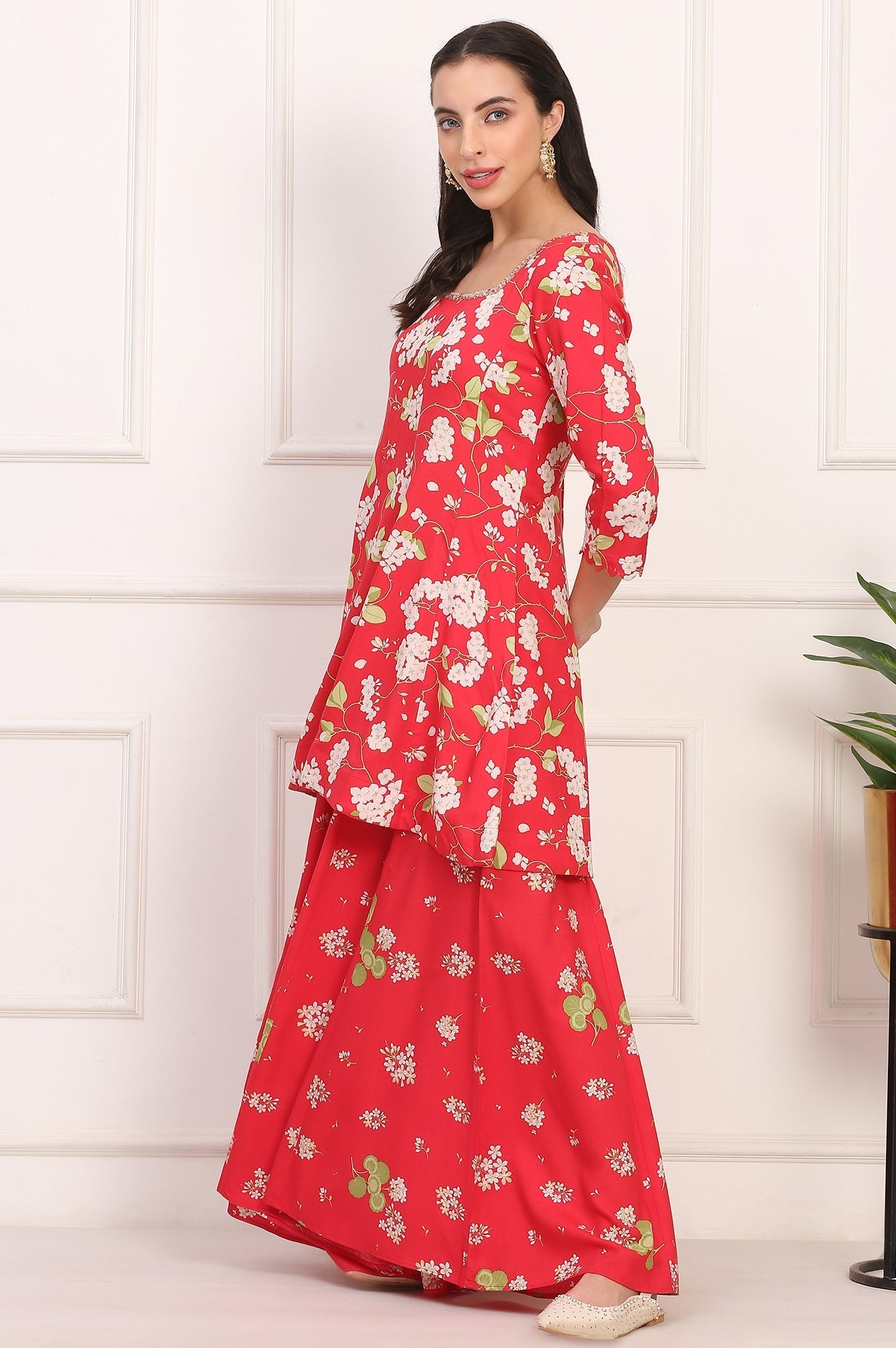 W for Woman Red Floral Printed Embellished Modal Flared Short Kurta, Flared Pant and Dupatta Set