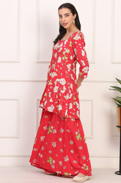 W for Woman Red Floral Printed Embellished Modal Flared Short Kurta, Flared Pant and Dupatta Set