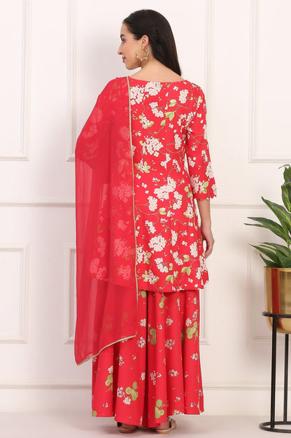W for Woman Red Floral Printed Embellished Modal Flared Short Kurta, Flared Pant and Dupatta Set