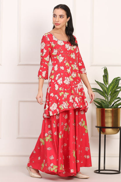 W for Woman Red Floral Printed Embellished Modal Flared Short Kurta, Flared Pant and Dupatta Set
