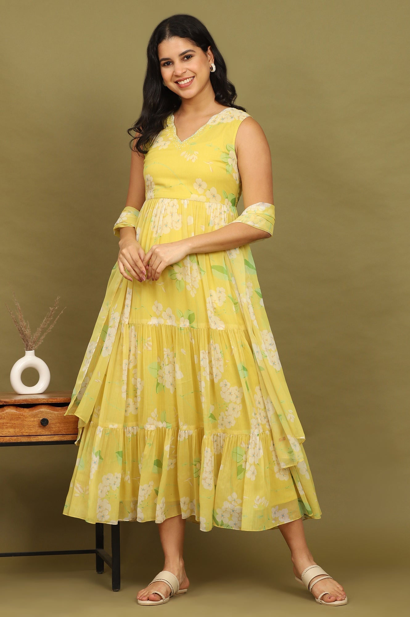 W for Woman Yellow Floral Printed Tiered Dress and Dupatta Set