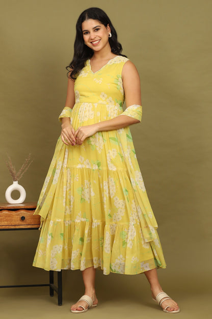 W for Woman Yellow Floral Printed Tiered Dress and Dupatta Set