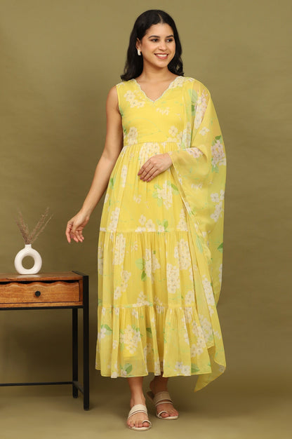 W for Woman Yellow Floral Printed Tiered Dress and Dupatta Set