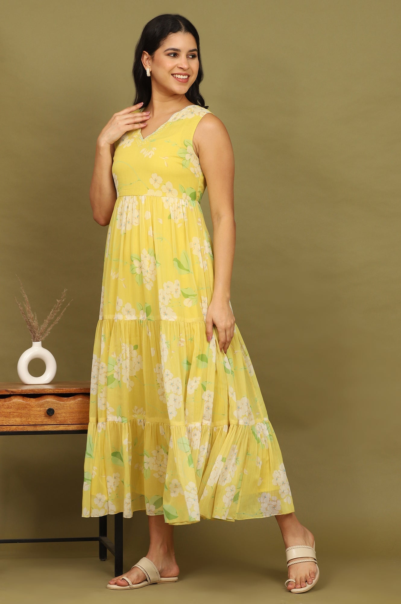 W for Woman Yellow Floral Printed Tiered Dress and Dupatta Set