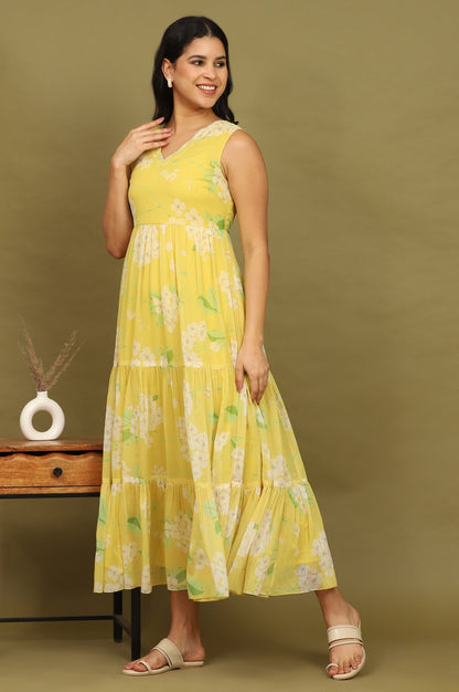 W for Woman Yellow Floral Printed Tiered Dress and Dupatta Set