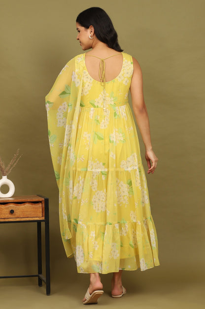 W for Woman Yellow Floral Printed Tiered Dress and Dupatta Set