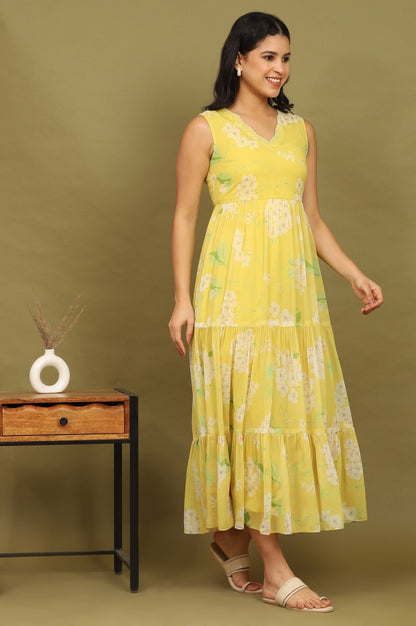 W for Woman Yellow Floral Printed Tiered Dress and Dupatta Set