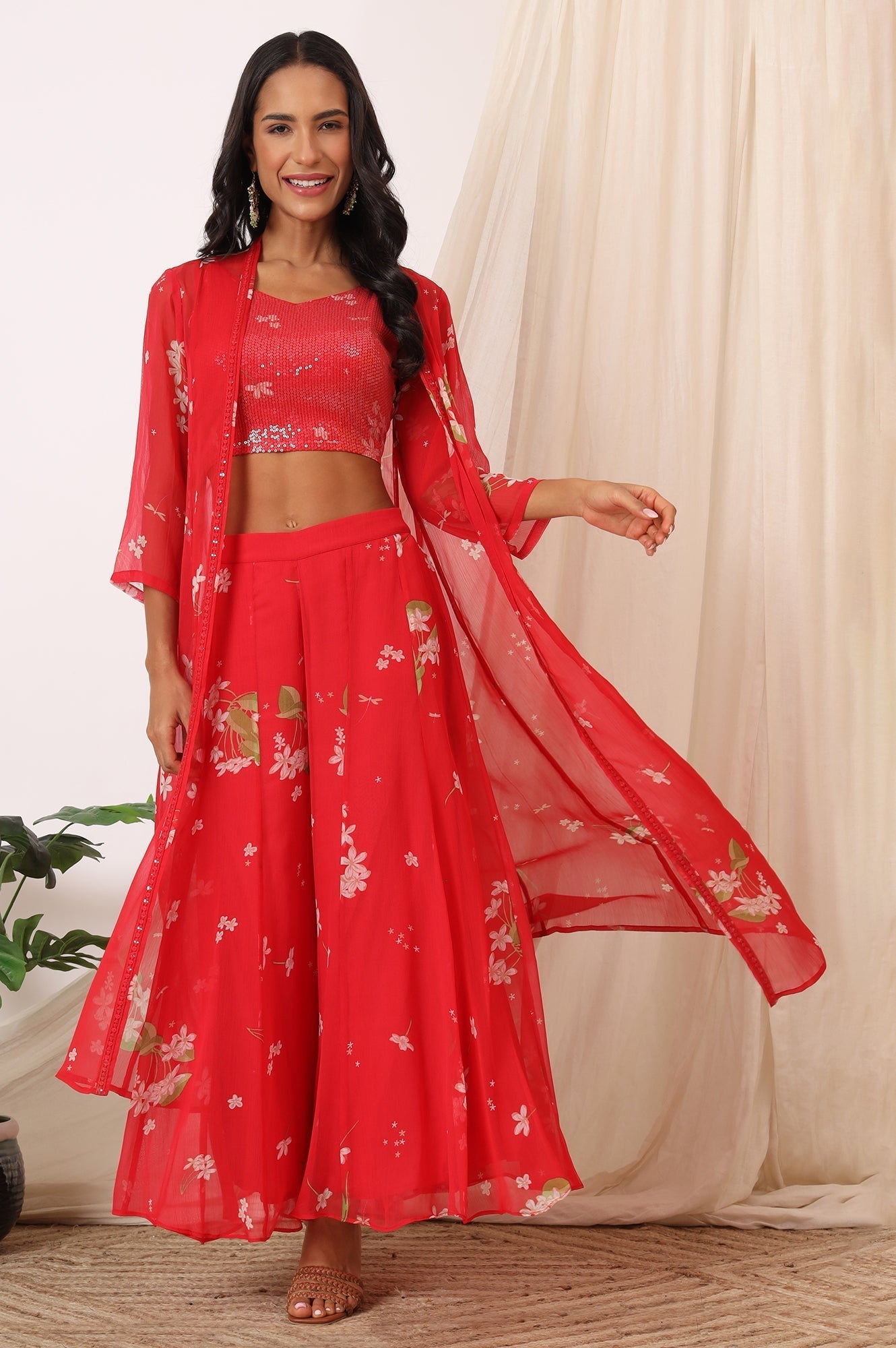 W for Woman Red Floral Printed Chiffon Jacket, Crop Top and Culottes Set